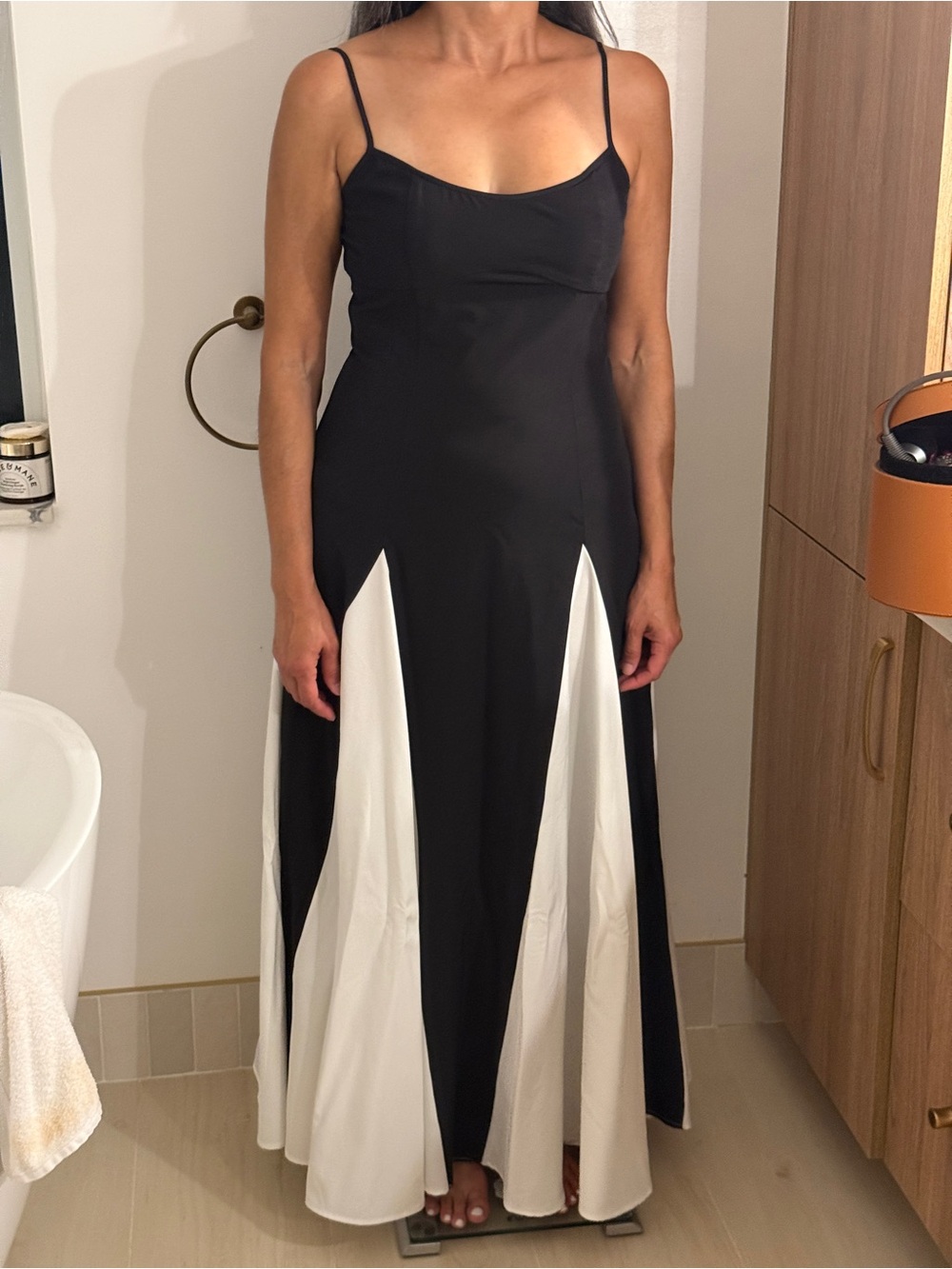 Commense Black and White Spaghetti-Strap Panel Maxi Dress